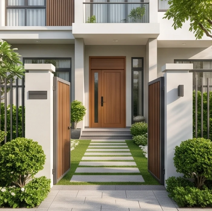 Khoảng sân trước với lối đi bố trí lệch góc giữa cổng ngoài và cửa chính giúp luồng khí luân chuyển êm ái