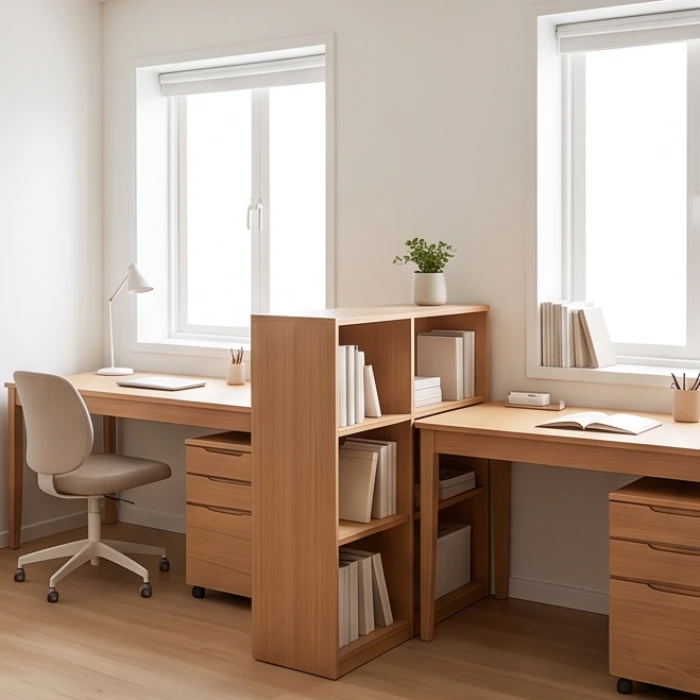 Hai chiếc bàn học đơn được ngăn cách tinh tế bằng một kệ sách thấp trong phòng ngủ đôi