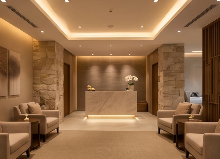Không gian đón tiếp khách hàng tại trung tâm spa làm đẹp sang trọng với ánh sáng vàng ấm áp