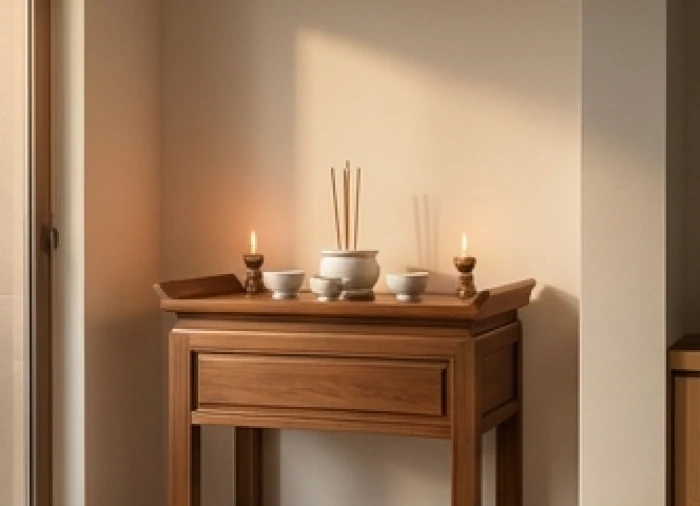 Bàn thờ gia tiên bằng gỗ tự nhiên được thiết kế trang nghiêm trong không gian yên tĩnh