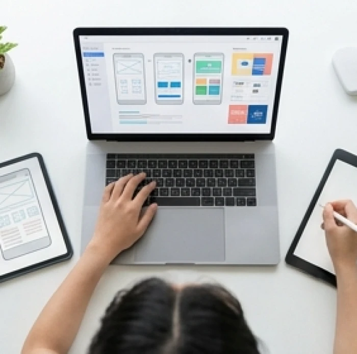 Học sinh thế hệ Gen Alpha thực hành thiết kế giao diện UI UX và đồ họa số trên máy tính hiện đại