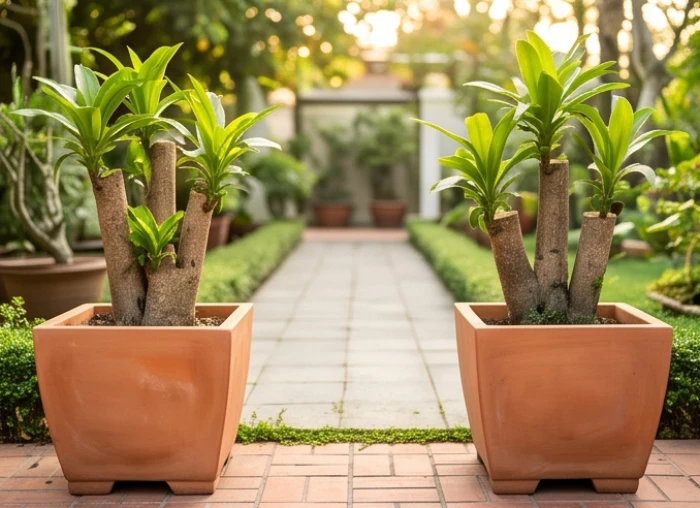 Hai chậu gốm đất nung lớn trồng cây thiết mộc lan gốc to bản được đặt đối xứng dọc theo lối đi vào nhà