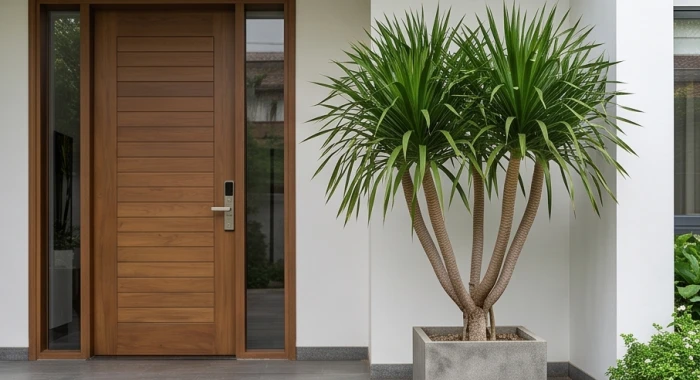 Chậu cây thiết mộc lan thân gỗ đặt cách mép cửa chính thoáng đãng trước hiên nhà