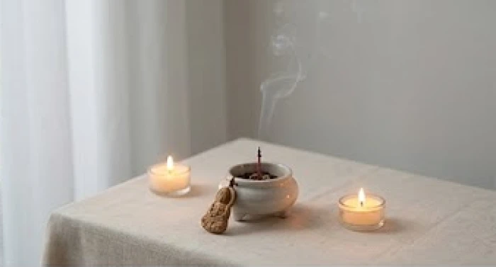 Góc thờ cúng nhỏ gọn tại gia với ánh nến ấm áp và khói trầm hương dịu nhẹ