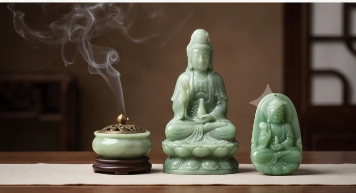 Tôn tượng Bồ Tát Quán Thế Âm bằng ngọc đặt trang nghiêm bên cạnh mặt phật Phổ Hiền trên ban thờ thanh tịnh