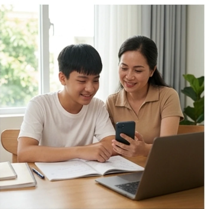 Người mẹ nhẹ nhàng thỏa thuận thời gian giải trí cùng con trai mười bốn tuổi bên bàn học tại gia