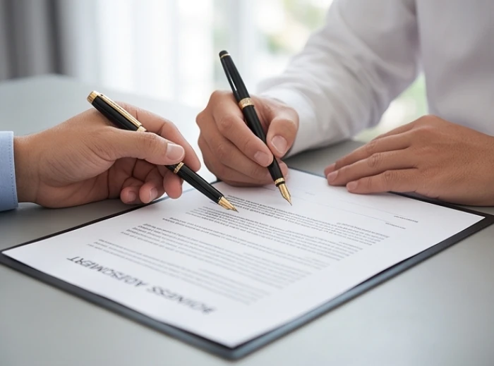 Nhân viên văn phòng cẩn trọng rà soát các điều khoản thỏa thuận hợp đồng làm việc trên bàn giấy trước khi ký kết