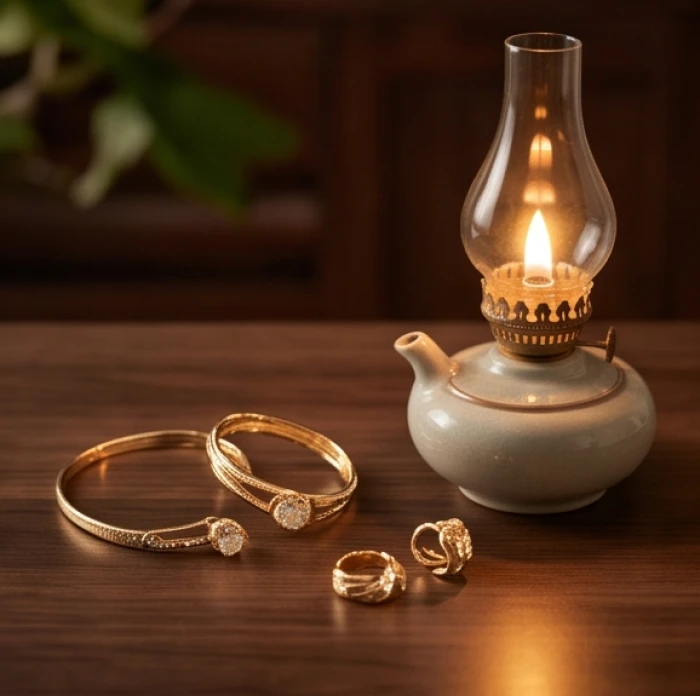 Ánh sáng đèn dầu ấm áp chiếu rọi làm nổi bật vẻ đẹp tinh tế của đồ trang sức vàng trên bàn gỗ