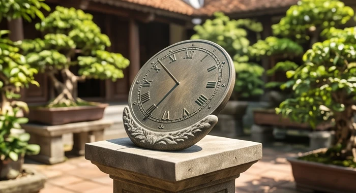 Chiếc nhật quỳ bằng đồng cổ kính đặt ngoài sân hiên đo bóng nắng ban ngày theo sáu khắc truyền thống