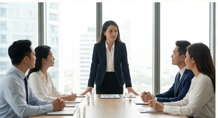 Doanh nhân Mậu Dần 34 tuổi tự tin thuyết trình dự án thành công trong phòng họp sang trọng