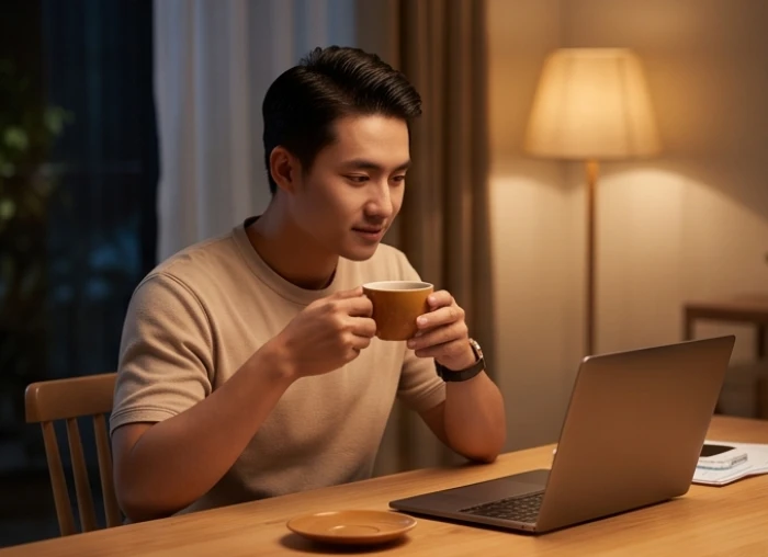 Nam thanh niên đang uống một ly nước ấm thư giãn sau những giờ làm việc căng thẳng