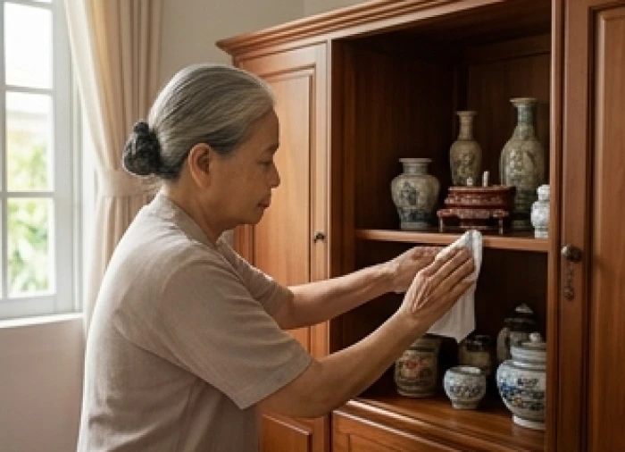 Người cao tuổi chăm chút tủ đồ gỗ quen thuộc trong phòng ngủ để tìm kiếm cảm giác an toàn tâm lý