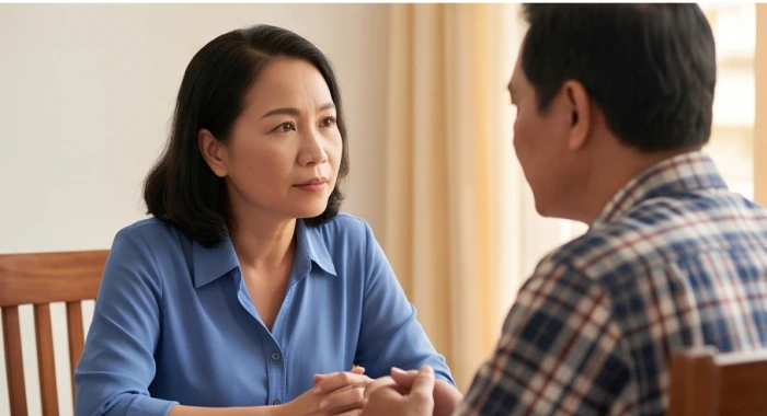 Hai người ngồi trò chuyện điềm tĩnh bên bàn trà với thái độ lắng nghe và tôn trọng ý kiến