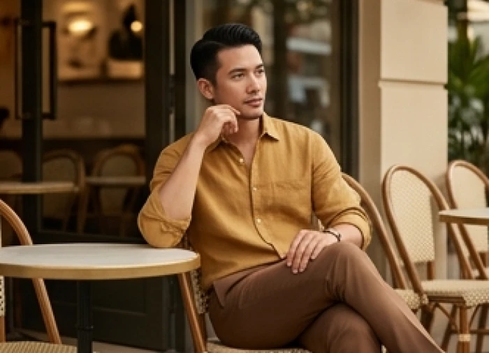 Nam giới diện áo sơ mi màu vàng đất kết hợp quần âu nâu lịch lãm để dung hòa năng lượng dư thừa.
