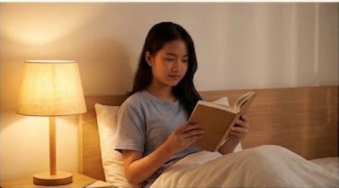 Học sinh đọc sách giấy thư giãn trước giờ đi ngủ dưới ánh đèn bàn dịu nhẹ trong phòng ngủ