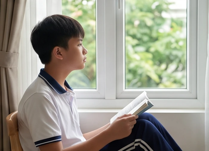 Học sinh tạm dừng ghi chép và phóng tầm mắt ra cửa sổ nhìn cây xanh để thư giãn thị lực theo nguyên tắc bảo vệ mắt