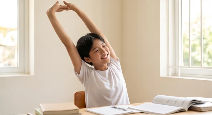 Trẻ nhỏ thư giãn nhẹ nhàng sau những giờ làm bài tập căng thẳng để phục hồi trí nhớ
