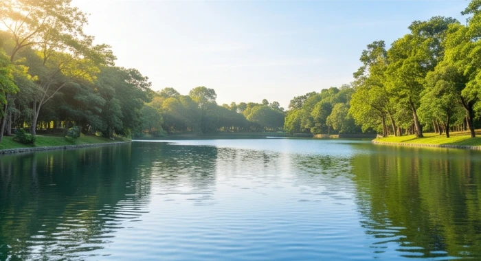 Một góc thư giãn yên tĩnh bên hồ nước trong xanh với cây cối mát mẻ trong công viên tự nhiên vào buổi sáng