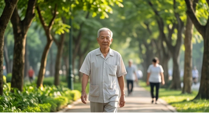 Người lớn tuổi dạo bước thong thả dưới tán cây xanh mát vào buổi sáng để cân bằng năng lượng