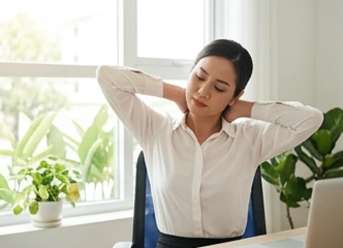 Người làm văn phòng thực hiện động tác thư giãn cổ vai gáy giúp tăng cường sức khỏe trong năm 2026