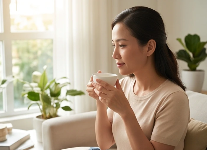 Người phụ nữ tuổi Canh Ngọ 1990 ngồi uống trà thư giãn tại phòng khách yên tĩnh giúp cân bằng cảm xúc