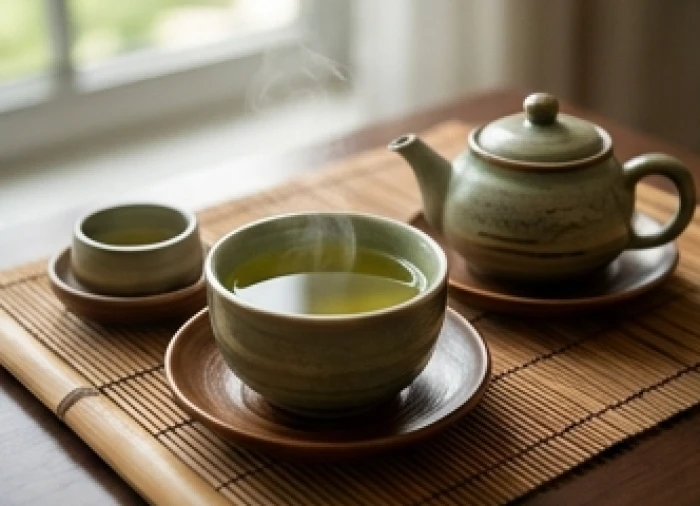 Khay trà gốm sứ truyền thống với chén trà xanh tỏa khói nóng giúp tinh thần gia chủ tuổi 60 thư thái và nhẹ nhàng hơn