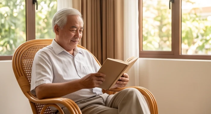 Cụ ông thảnh thơi ngồi đọc sách bên cửa sổ để giữ tâm trí bình yên trước hạn Thiên La