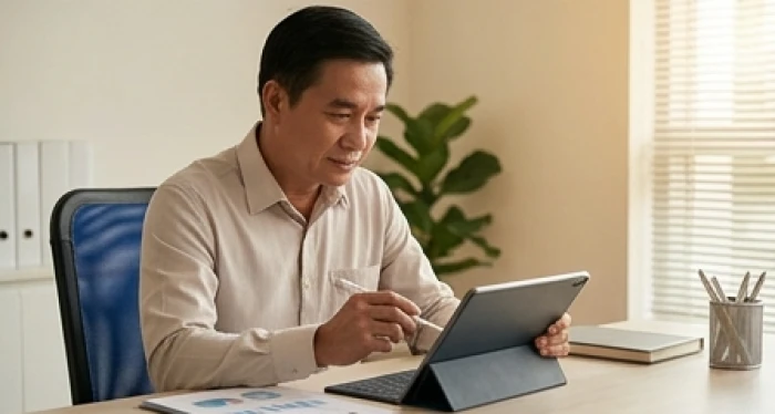 Chuyên gia trung niên khám phá ứng dụng phần mềm mới trên máy tính để thử nghiệm đổi mới quy trình