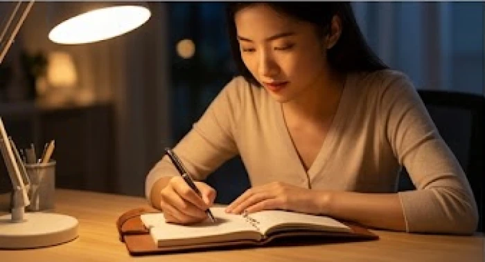 Cô gái trẻ đang cẩn thận ghi chép kế hoạch công việc vào sổ tay dưới ánh đèn ấm áp