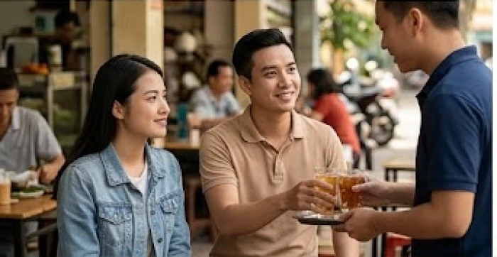 Cô gái trẻ đang lặng lẽ quan sát cách bạn trai ứng xử lịch sự với nhân viên phục vụ tại quán ăn