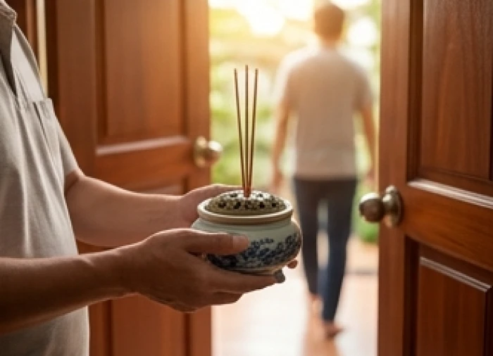 Bát hương gia tiên được gia chủ cẩn thận ôm vào lòng khi bước qua cánh cửa chính tiến vào không gian ngôi nhà vừa xây