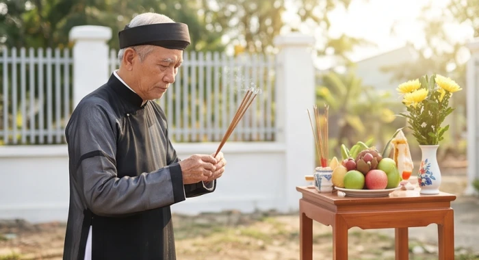 Người được mượn tuổi thực hiện nghi thức dâng hương và cuốc đất khởi công xây nhà trong buổi lễ động thổ