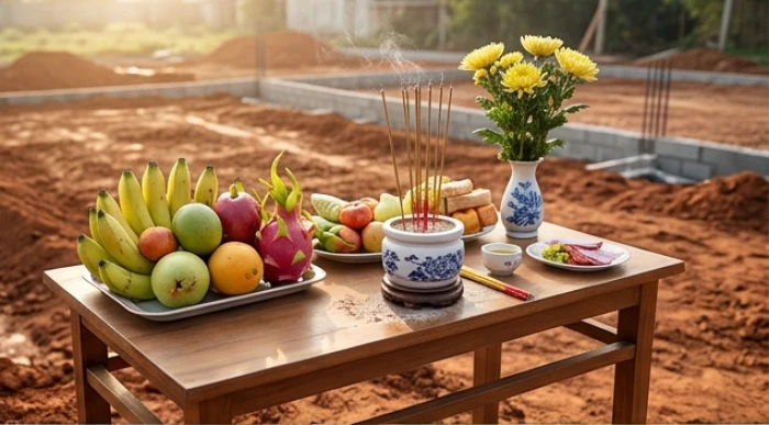 Nghi thức dâng hương cúng động thổ công trình với mâm lễ vật trang trọng trên nền đất mới chuẩn bị xây dựng