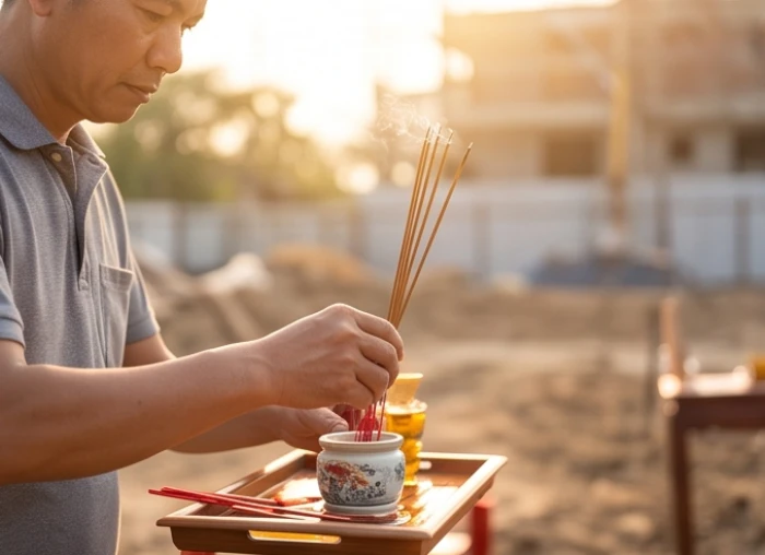 Người được mượn tuổi đại diện gia chủ thắp hương và tiến hành những nhát cuốc động thổ đầu tiên.