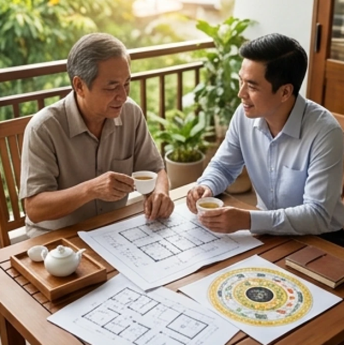 Gia chủ tuổi Tân Sửu trò chuyện thảo luận thủ tục mượn tuổi động thổ làm nhà với người hợp mệnh