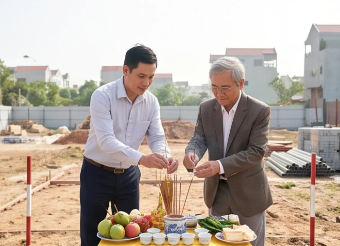 Gia chủ và người được mượn tuổi làm thủ tục cúng động thổ xây dựng công trình nhà ở mới
