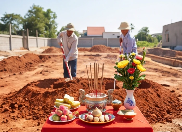 Nghi lễ động thổ khởi công xây nhà do người được mượn tuổi đại diện cho gia chủ tuổi Ất Sửu 1985