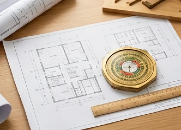 Bản vẽ thiết kế kiến trúc nhà ở cùng la bàn phong thủy chuẩn bị cho lễ động thổ mượn tuổi