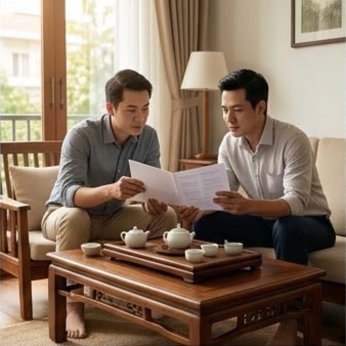 Gia chủ trao đổi giấy tờ mượn tuổi làm nhà tại không gian phòng khách truyền thống