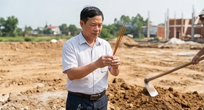 Người đàn ông trung niên đại diện gia chủ đang thắp hương và thực hiện nghi thức động thổ xây nhà