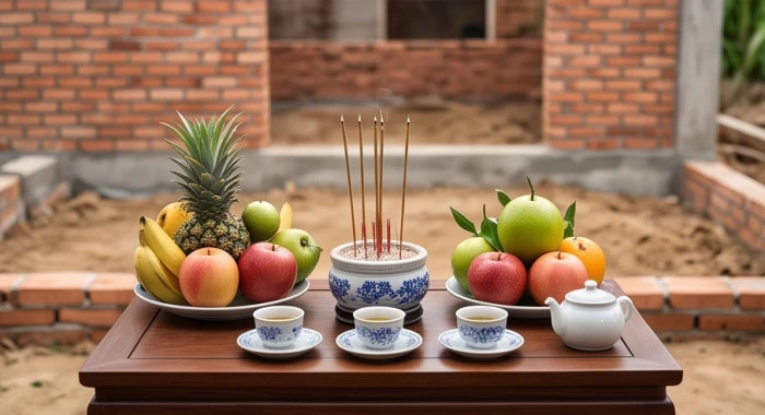 Nghi lễ cúng động thổ mượn tuổi làm nhà với mâm lễ phẩm hoa quả hương đèn chỉn chu trên khu đất xây dựng