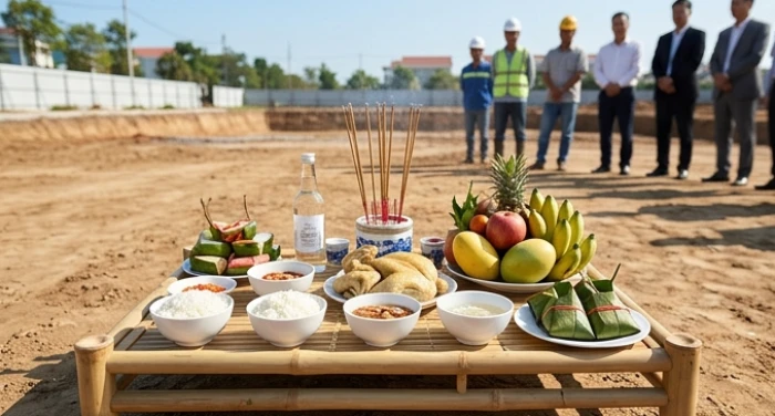 Mâm lễ mặn tươm tất được bày biện ngoài trời để thực hiện nghi thức động thổ mượn tuổi xây nhà