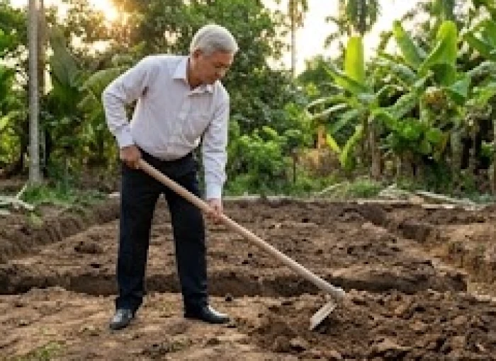 Người đàn ông lớn tuổi đang cầm cuốc bổ nhát đất đầu tiên trong lễ khởi công xây dựng ngôi nhà mới