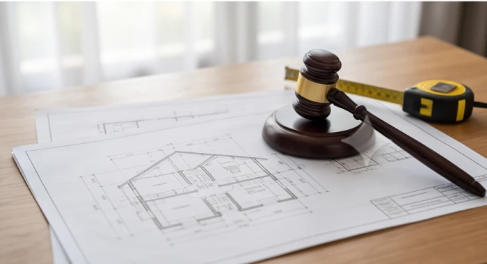Bản vẽ thiết kế nhà ở đặt cạnh chiếc búa gỗ và cuộn thước dây trên bàn làm việc