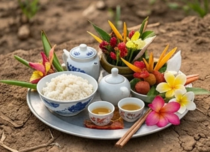 Mâm cúng động thổ truyền thống với xôi chè và hoa tươi đặt trước khu đất chuẩn bị xây dựng