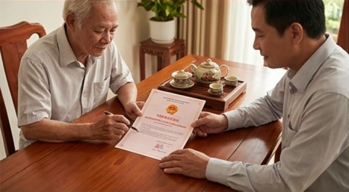 Nghi thức ký giấy bán nhà tượng trưng và tham khảo tuổi đẹp trên bàn trà chuẩn bị động thổ cho gia chủ Đinh Mão