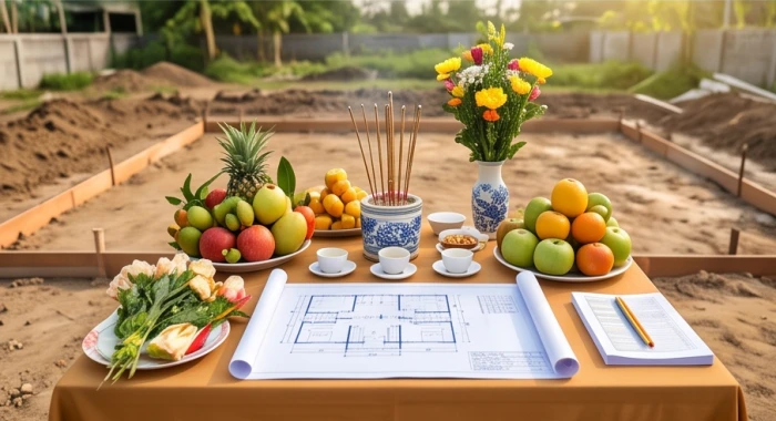 Mâm lễ cúng động thổ xây dựng công trình trang trọng trong thủ tục mượn tuổi làm nhà hợp phong thủy