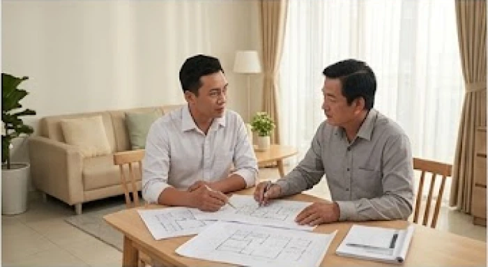Gia chủ thảo luận quy trình mượn tuổi làm nhà cùng người thân lớn tuổi để tránh hạn Kim Lâu Thê