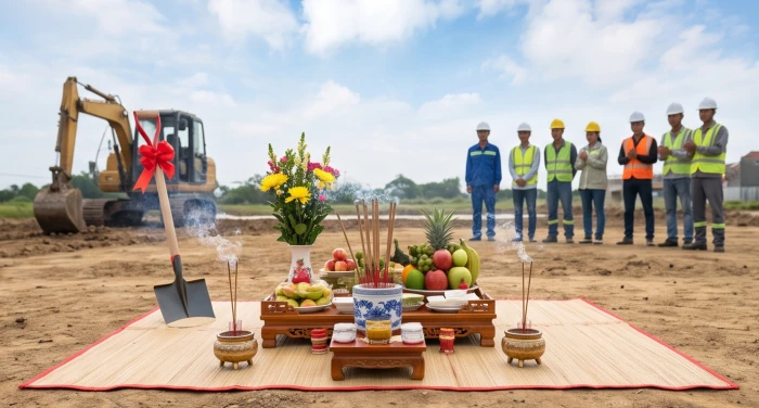 Gia chủ cùng người hợp tuổi làm lễ động thổ xây dựng nhà ở với mâm cúng trang trọng theo tử vi tuổi hợi năm 2026