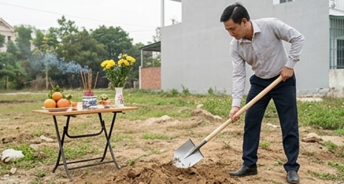 Nghi thức cuốc đất động thổ được thực hiện bởi người nam giới hợp tuổi thay cho gia chủ Nhâm Tuất